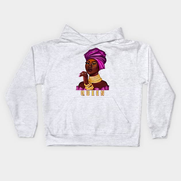 Queen - yass queen - Black is beautiful black girl with Gold bangles, neck ring necklace, purple dress and head wrap, brown eyes and dark brown skin ! Kids Hoodie by Artonmytee